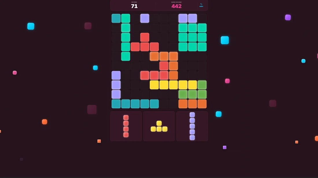 Plokk gameplay with a block grid, score, and available pieces