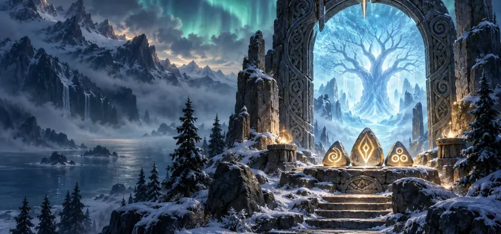 Tria artwork showing a snowy Nordic sanctuary beneath a teal aurora