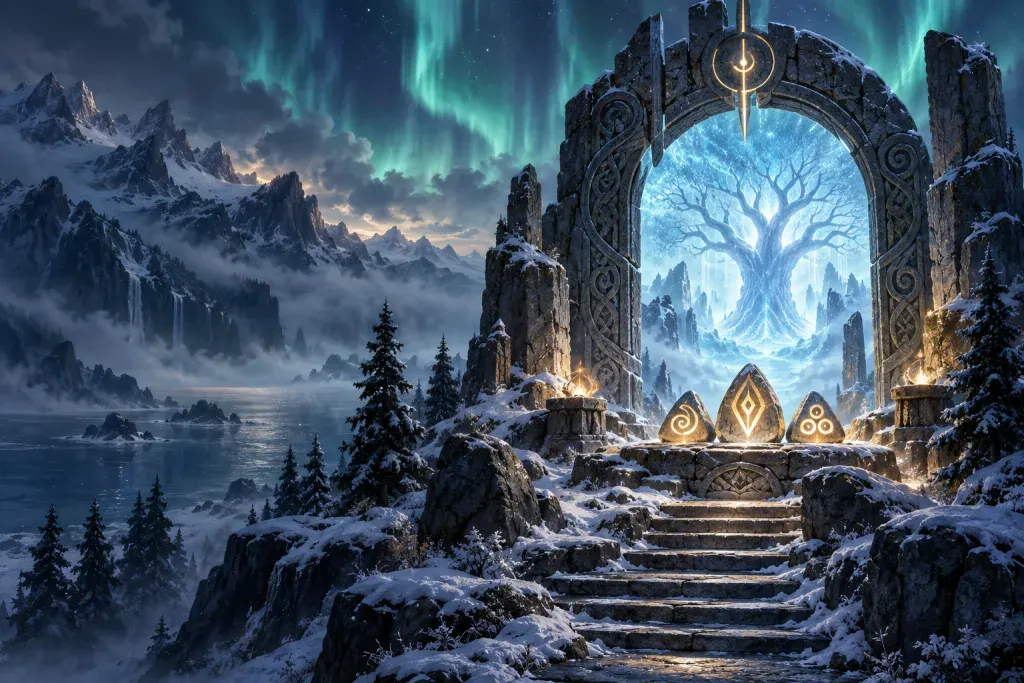 Tria artwork showing a snowy Nordic sanctuary beneath a teal aurora