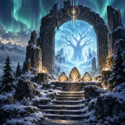 Tria artwork showing a snowy Nordic sanctuary beneath a teal aurora